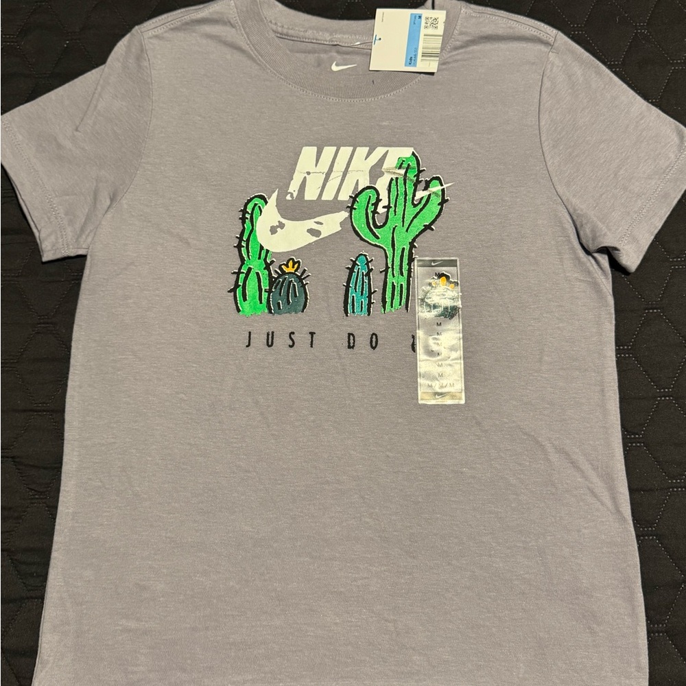 Nike Grey Tee with White Logo and Green Cactus Graphic